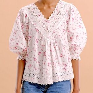ByTimo Floral Pink Rose Eyelet Cotton V Neck Peasant Blouse Women’s Sz L